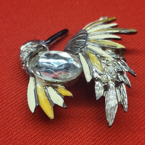 Vintage Hummingbird Crystal Chest Brooch Pin Gold Silver Tone - Picture 9 of 11